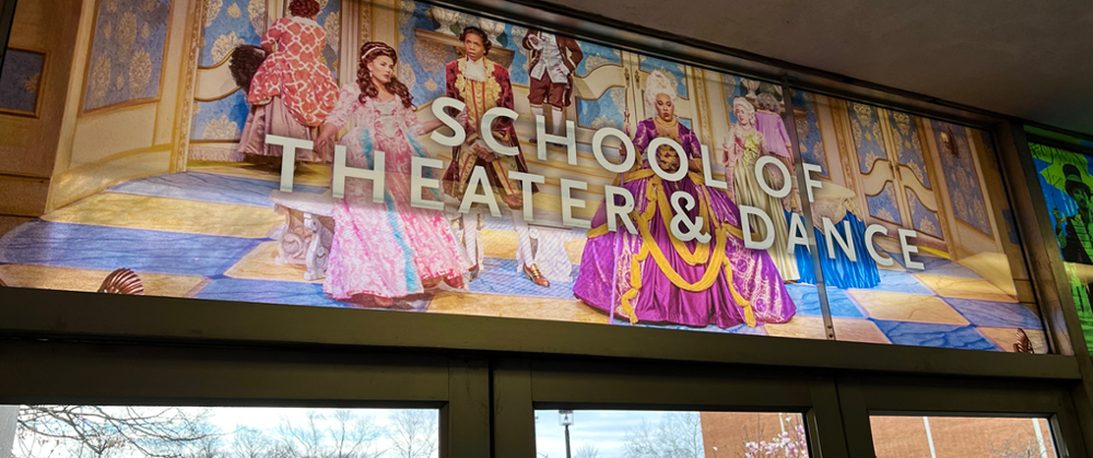 image from of School of Theater window sign
